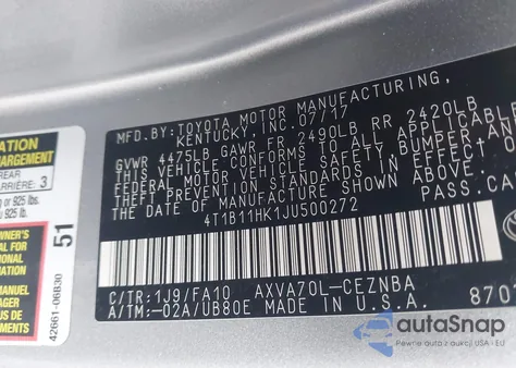 2018 Toyota Camry Le z USA, uszkodzony, nr VIN 4T1B11HK1JU500272